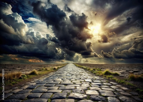 dramatic intense apocalyptic atmosphere cobblestone path winding through desolate wasteland dark ominous clouds low-key lighting gritty high-contrast monochrome photo