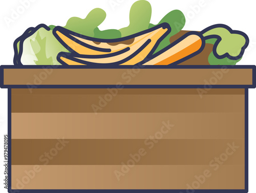 A compost bin filled with organic waste like banana peels, carrot, and lettuce, symbolizing eco-friendly waste management.