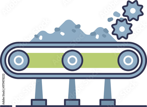 Illustration of a conveyor belt with gears grinding material, symbolizing industrial processing.