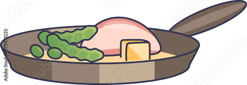 A cooking pan with sizzling food including a piece of meat, vegetables, and a block of butter.