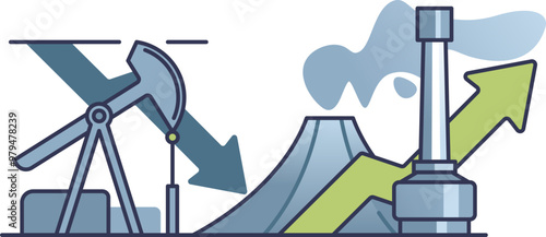 Illustration showing cost comparison between geothermal and fossil fuels with oil rig, geothermal plant, and arrows indicating trends.
