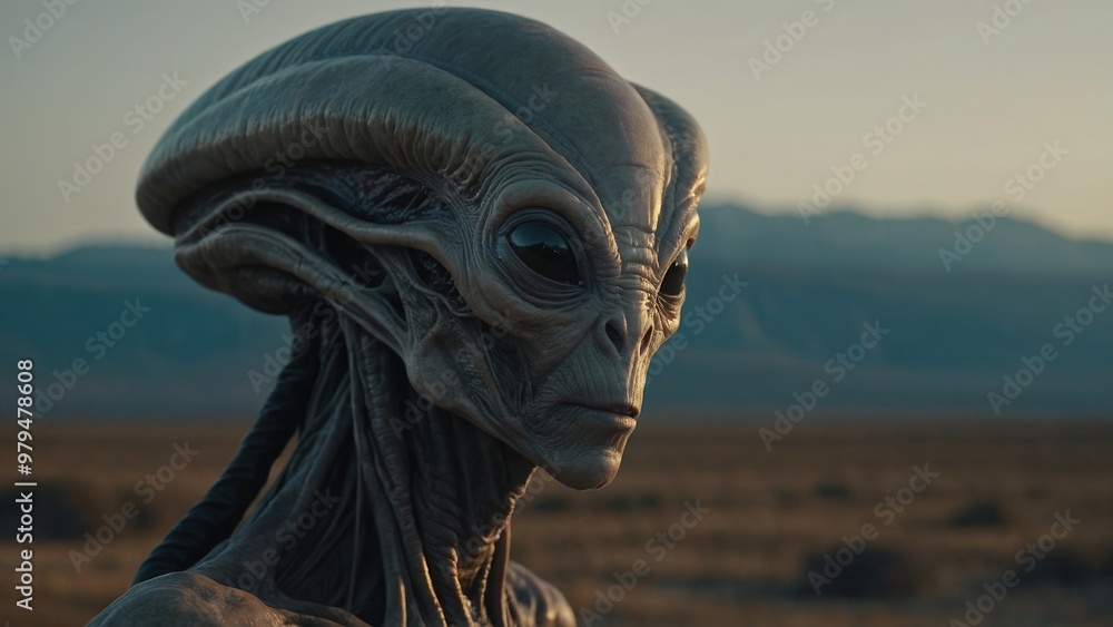 Out-of-this-world sighting alien and UFO make a striking combination against the night sky Out-of-this-world sighting alien and UFO make a striking combination against the night sky