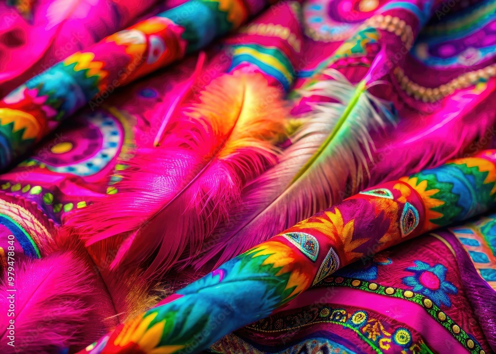 playful shallow depth of field featuring colorful feathers on bright pink fabric with whimsical patterns and bold colors exuding joy playful shallow depth of field featuring colorful feathers on bright pink fabric with whimsical patterns and bold colors exuding joy