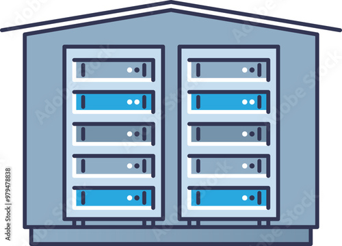 Illustration of a data warehouse with server racks, symbolizing data storage and management.