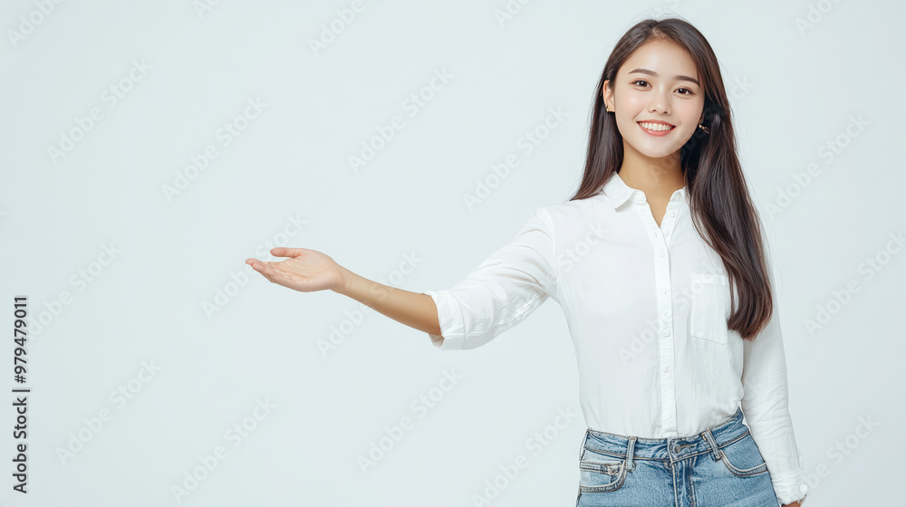 Cheerful young woman in white shirt and blue jeans smiles while gesturing. Her friendly expression and casual attire create welcoming atmosphere Cheerful young woman in white shirt and blue jeans smiles while gesturing. Her friendly expression and casual attire create welcoming atmosphere