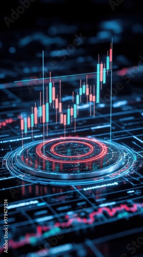 A digital radar chart showcasing a market graph with circular design elements, highlighting technology and business targets