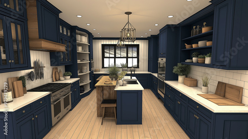 Wallpaper Mural Modern farmhouse kitchen design featuring blue cabinets and wood accents Torontodigital.ca