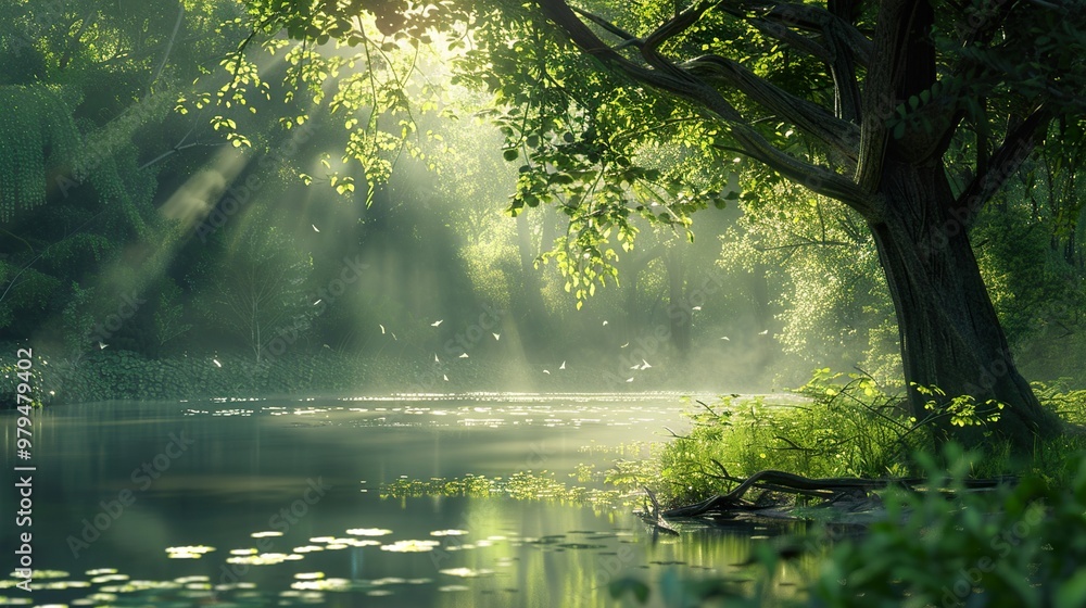 Sunbeams pierce through the canopy of a lush forest, illuminating a tranquil river and creating a magical atmosphere. Sunbeams pierce through the canopy of a lush forest, illuminating a tranquil river and creating a magical atmosphere.