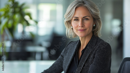 Experienced businesswoman seated at her desk, looking confident and poised. Her stylish attire and professional demeanor reflect her expertise in corporate world