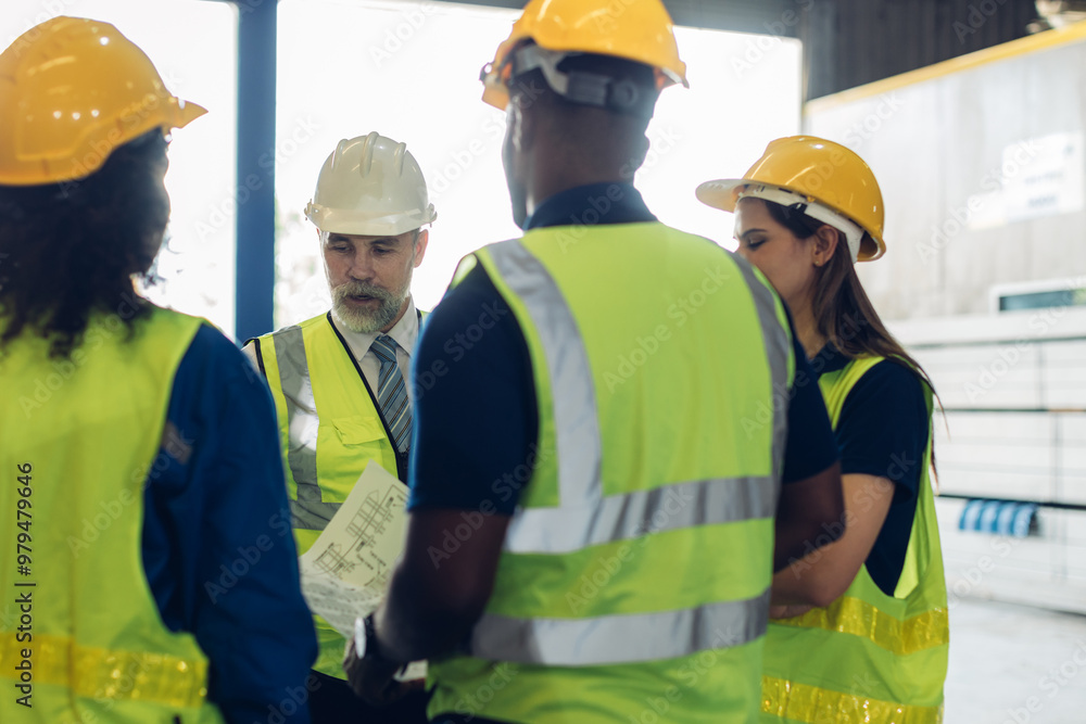 The Manager are taking a safety briefing before work. Implementation of safety culture at Factory. Factory Meeting: Chief Engineer Talking to Colleagues Before Work Day in Heavy Industry The Manager are taking a safety briefing before work. Implementation of safety culture at Factory. Factory Meeting: Chief Engineer Talking to Colleagues Before Work Day in Heavy Industry