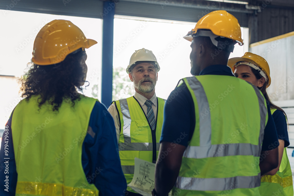 The Manager are taking a safety briefing before work. Implementation of safety culture at Factory. Factory Meeting: Chief Engineer Talking to Colleagues Before Work Day in Heavy Industry The Manager are taking a safety briefing before work. Implementation of safety culture at Factory. Factory Meeting: Chief Engineer Talking to Colleagues Before Work Day in Heavy Industry