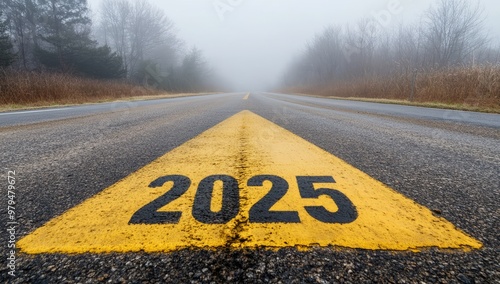 Road to 2025 with an empty road with written 2025 and arrow pointing towards the horizon to represent the future and positivity and success of the new year 2025 