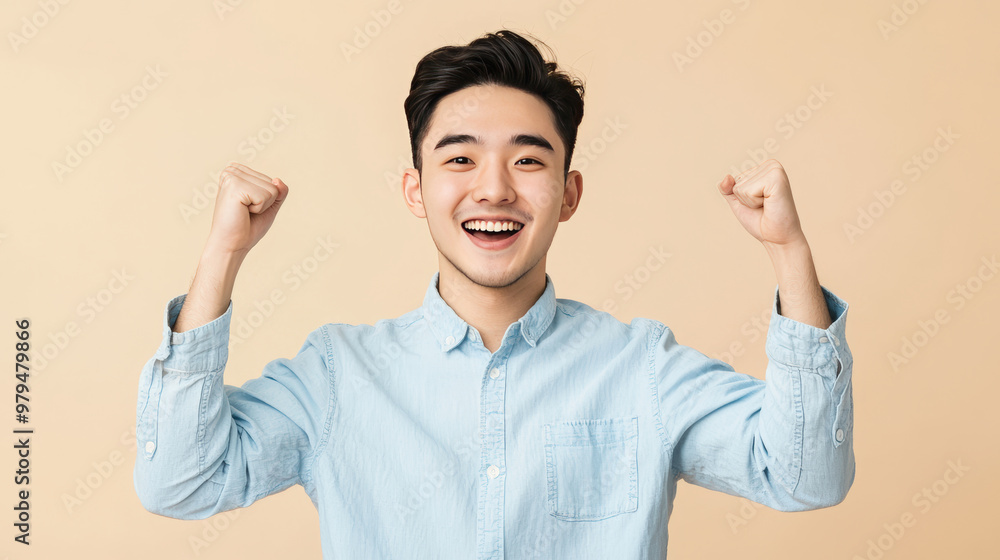 Young Asian man in light blue attire expressing joy and excitement with raised fists. His cheerful demeanor radiates positivity and enthusiasm Young Asian man in light blue attire expressing joy and excitement with raised fists. His cheerful demeanor radiates positivity and enthusiasm