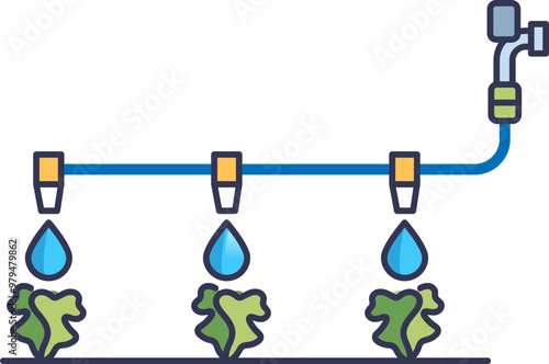 Illustration of a drip irrigation system with water droplets nourishing plants, highlighting efficient water usage in agriculture.
