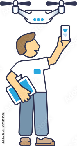Illustration of a drone operator using a remote control and tablet to navigate a drone.