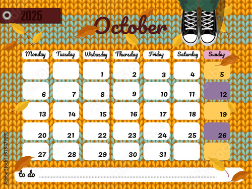 Vector page of month autumn calendar planer with days and weeks October