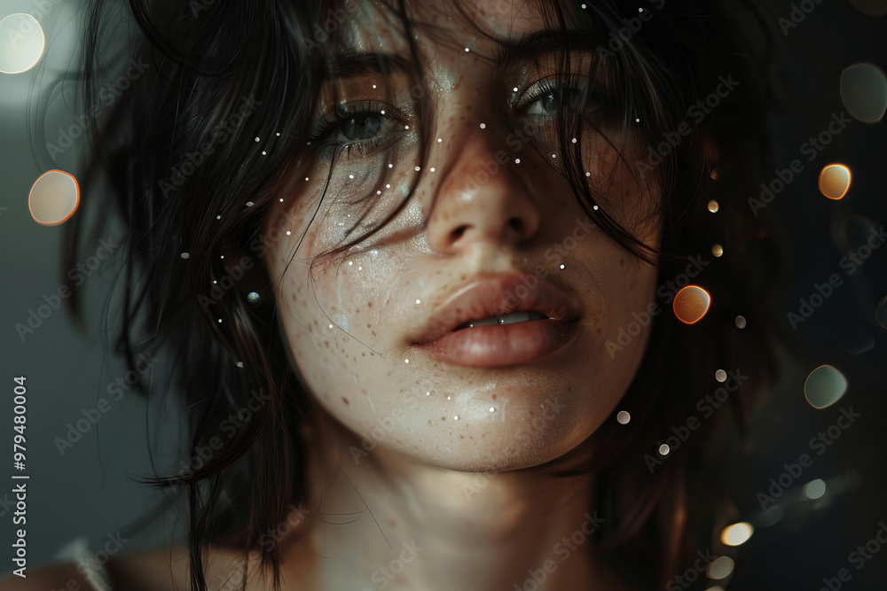 A close up portrait of young woman with tousled hair, adorned with sparkling fairy lights and soft bokeh effects, creating dreamy atmosphere. Her expressive eyes and natural beauty evoke sense of wond A close up portrait of young woman with tousled hair, adorned with sparkling fairy lights and soft bokeh effects, creating dreamy atmosphere. Her expressive eyes and natural beauty evoke sense of wond