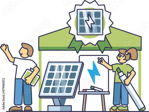 Illustration of an exhibition stall showcasing solar products with two people discussing solar panels and energy solutions.