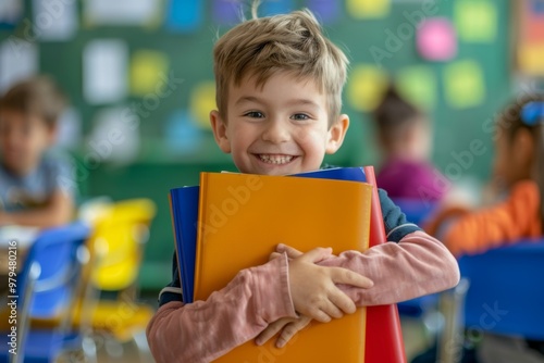 Happy boy wooden classroom smiling he holds his school books. Enthusiastic student classroom displaying knowledge and cheer. Childhood innocence and academic enthusiasm.