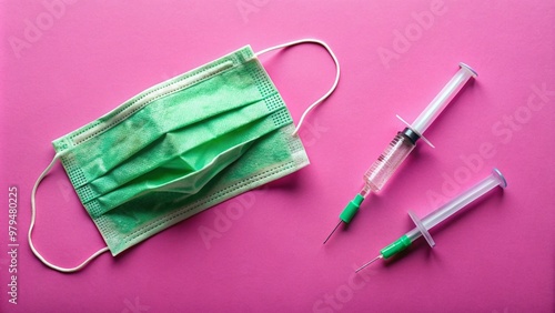 A broken medical syringe and torn green face mask lie discarded on a pink background, symbolizing rejection of vaccination and mask mandates in a post-pandemic world. photo