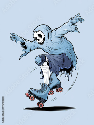 A ghost wearing roller skates and trying to keep balance, illustration