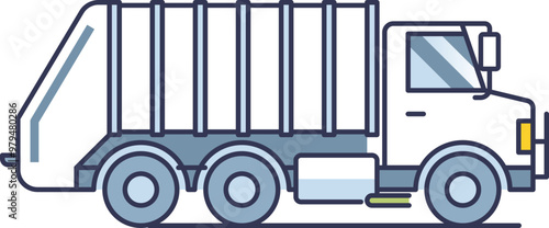 Side view illustration of a garbage truck, highlighting waste management and recycling.