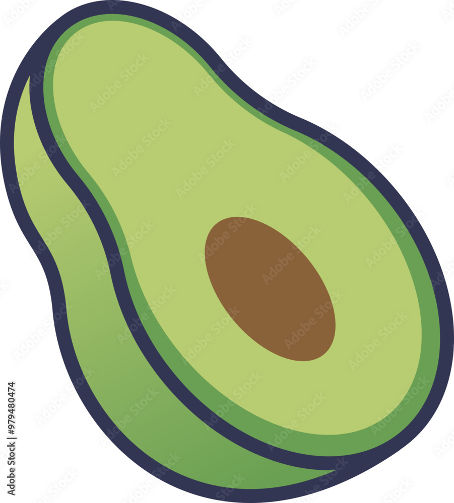 Illustration of a half avocado with seed, symbolizing health and nutrition. Illustration of a half avocado with seed, symbolizing health and nutrition.
