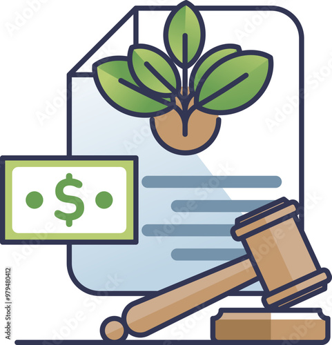 Illustration of a document with a plant, a dollar bill, and a gavel, symbolizing grants and incentives for organic farming practices.