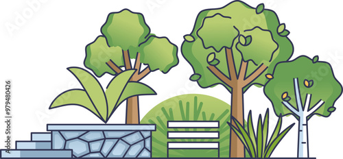 Illustration of a green park area with trees, a bench, and a stone terrace, symbolizing tranquility and nature.