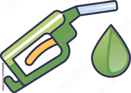Illustration of a green fuel nozzle and a fuel droplet, symbolizing eco-friendly fuel solutions.