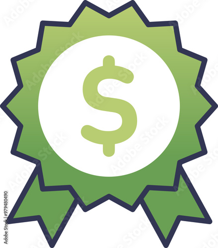 Green ribbon badge with a dollar sign symbolizing financial achievement or reward.