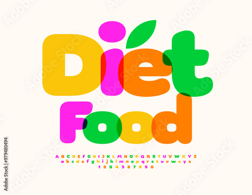 Vector advertising banner Diet Food. Cute Creative Font. Colorful Alphabet Letters and Numbers set.