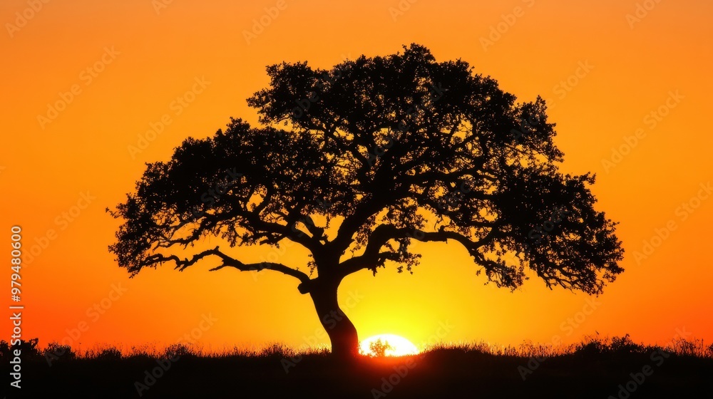 A silhouette of a tree against an orange-hued sky, branches outlined by the setting sun.