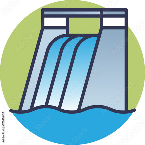 Illustration of a hydroelectric dam with water flowing through its gates, symbolizing renewable energy production.