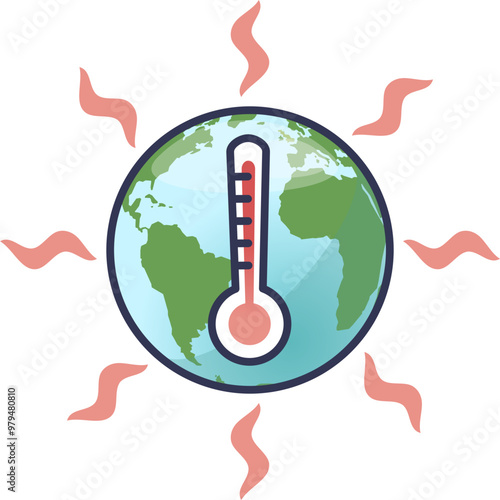 Illustration of Earth with a thermometer and heat waves, symbolizing global warming and climate change.