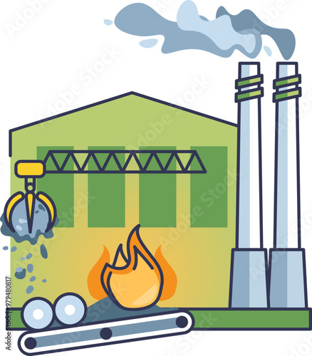 Illustration of an incinerator facility with a crane, fire, conveyor belt, and smokestacks.