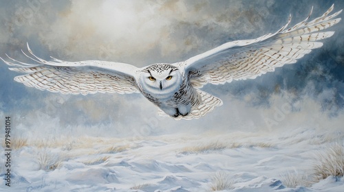 A snowy owl flying low over a snow-covered field, wings stretched wide, exuding grace and wisdom. photo