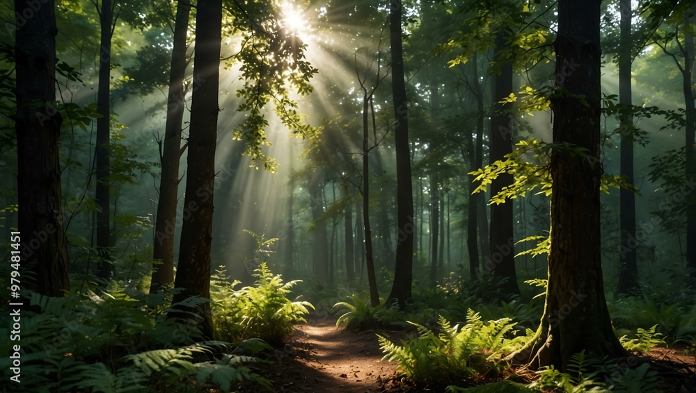 Fototapeta premium A calm forest with sunlight filtering through the leaves