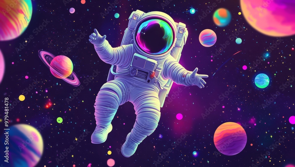 A cartoon astronaut floating in space, surrounded by colorful planets and stars A cartoon astronaut floating in space, surrounded by colorful planets and stars