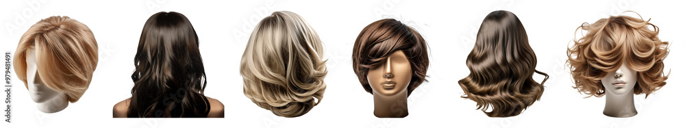 Set of hair wigs for women isolated on a transparent background. Set of hair wigs for women isolated on a transparent background.