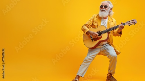Full length photo of cool happy positive old man dance hold guitar wear sunglass isolated on yellow color background