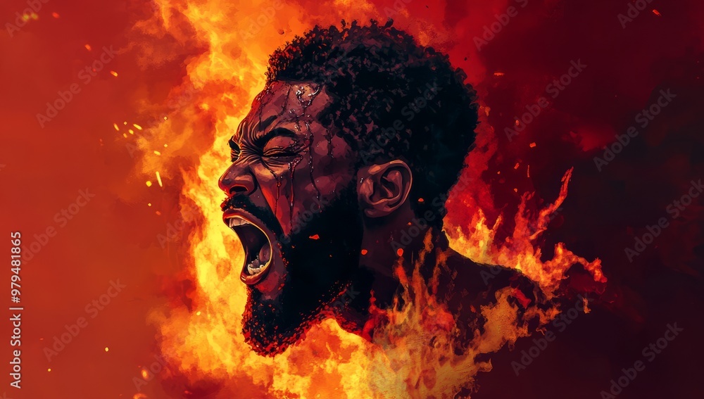 An image of a black man shouted with fire and copy space An image of a black man shouted with fire and copy space