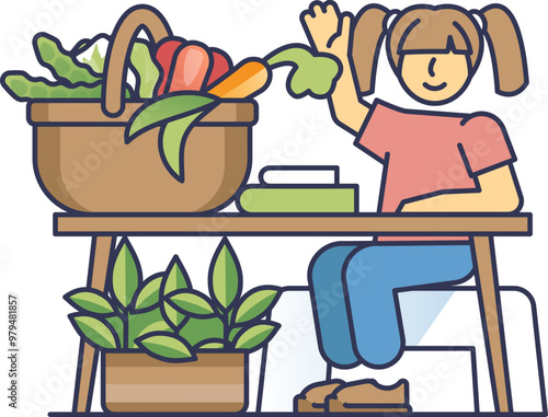 A child learning about organic farming in school, with a basket of vegetables and a potted plant on a table.