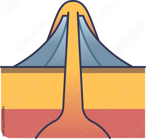 Cross-section of a volcano showing magma flow from the mantle to the surface.