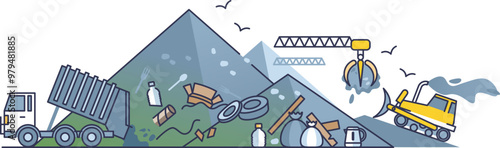 Illustration of a landfill with seagulls, bulldozers, and garbage trucks, highlighting waste management and environmental impact.
