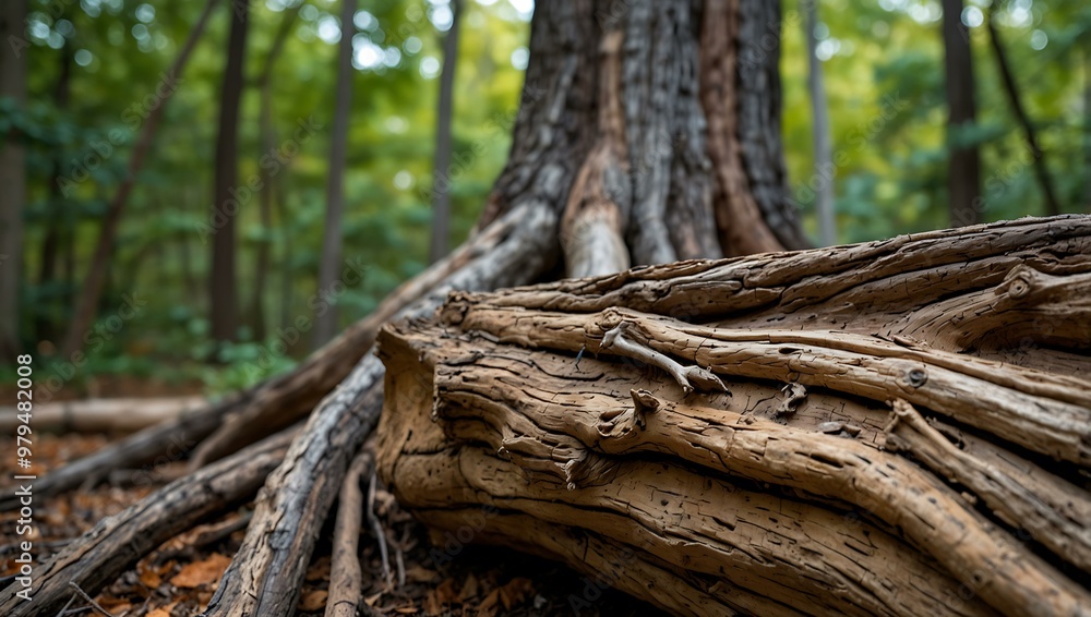 A dried tree trunk shows intricate root patterns. A dried tree trunk shows intricate root patterns.