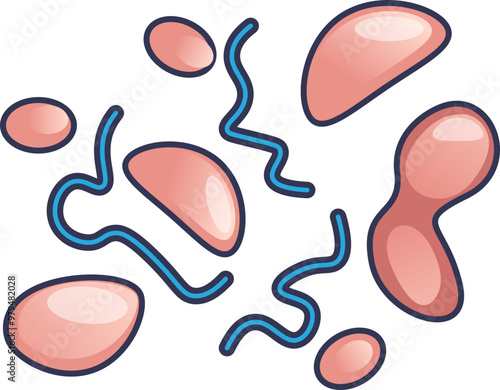 Illustration of macromolecules with various shapes and structures, representing proteins and nucleic acids.