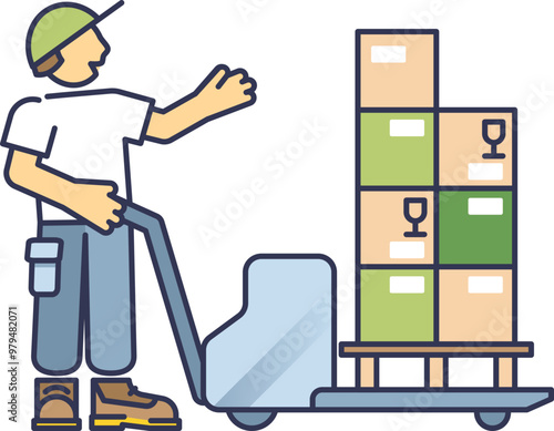 Worker maneuvering a pallet jack loaded with boxes, side view. Represents logistics and warehouse operations.