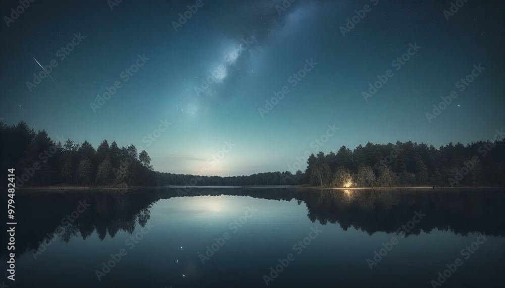 Night sky with stars reflected on calm lake, serene atmosphere, forest background
Night sky with stars reflected on calm lake, serene atmosphere, forest background