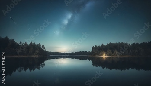 Night sky with stars reflected on calm lake, serene atmosphere, forest background 